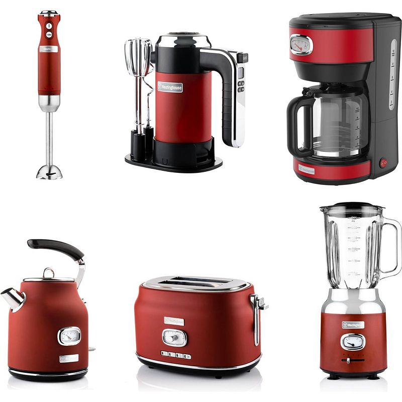 Foto van Westinghouse - retro - handmixer - staafmixer +blender+waterkoker+broodrooster 2 sleuven+koffiezetapparaat - rood