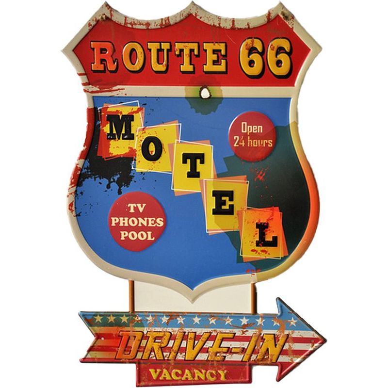 Foto van Clayre & eef wanddecoratie 43x63 cm blauw rood ijzer route 66 motel muurdecoratie wandversiering tekstbord