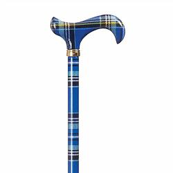 Foto van Classic canes verstelbare wandelstok - blauwe tartan - aluminium - derby handvat - lengte 77 - 100 cm