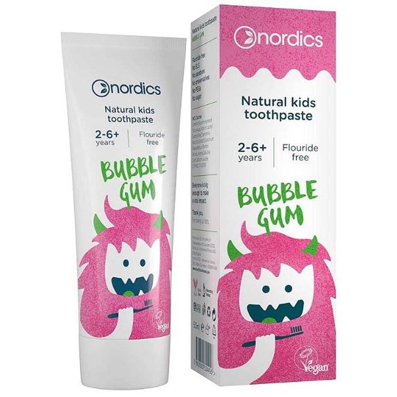 Foto van Nordics tandpasta kids bubble gum vegan 50 ml wit/roze