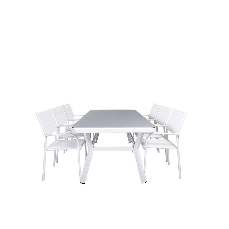 Foto van Virya tuinmeubelset tafel 100x200cm en 6 stoel santorini wit, grijs.