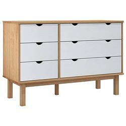 Foto van The living store otta houten ladekast - 111 x 42 x 73.5 cm - massief grenenhout - 6 lades - bruin en wit