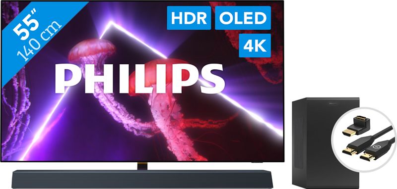 Foto van Philips 55oled807 - ambilight (2022) + soundbar + hdmi kabel