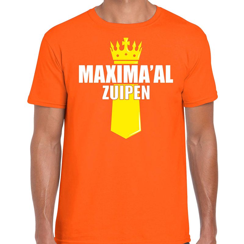 Foto van Oranje queen maximaal zuipen shirt met kroontje - koningsdag t-shirt voor heren s - feestshirts