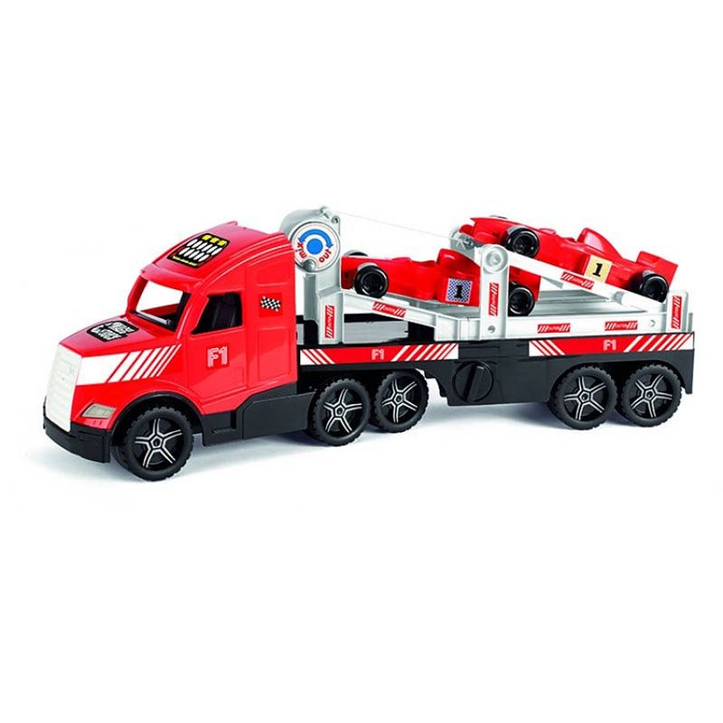 Foto van Wader autotransport truck met twee formule 1 auto´s 79 cm rood