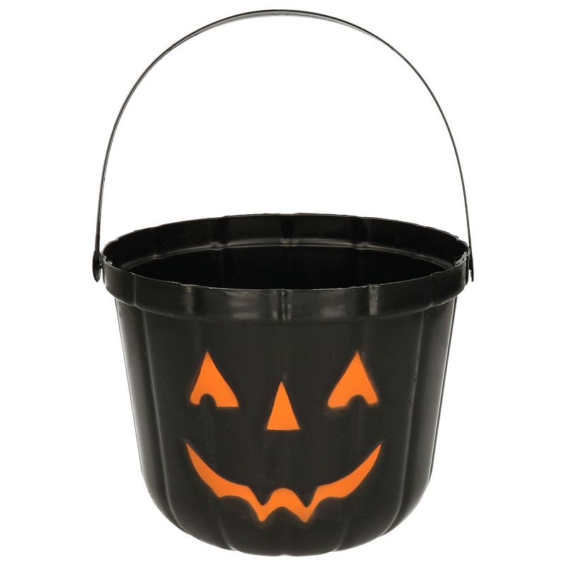 Foto van Trick or treat snoep emmertje - pompoen - zwart - d20 cm - feestdecoratievoorwerp