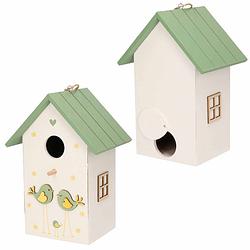 Foto van 2x stuks nestkast/vogelhuisje hout wit met groen dak 15 x 12 x 22 cm - vogelhuisjes