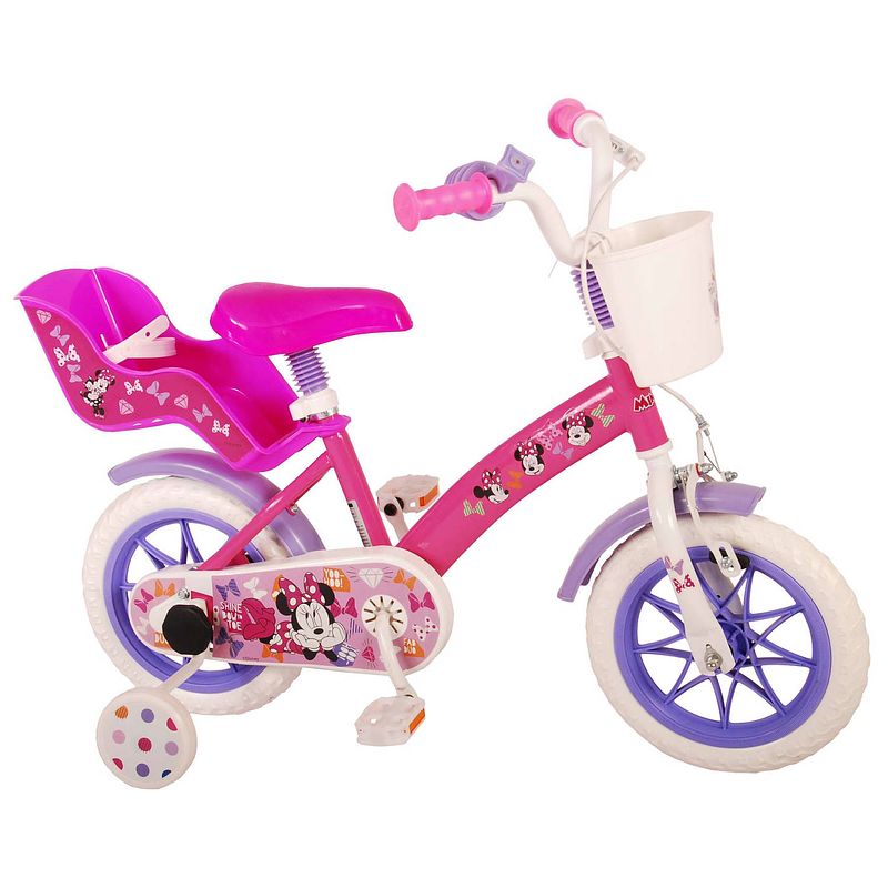 Foto van Disney minnie cutest ever! kinderfiets - meiden - 12 inch - roze - doortrapper - met mandje voor en poppenzitje achter