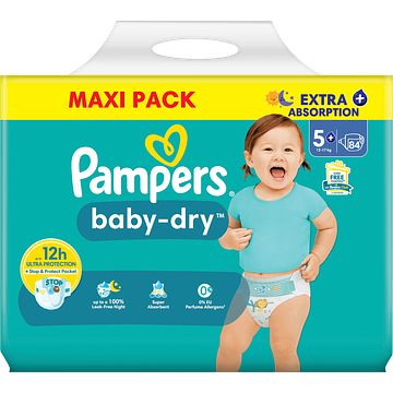 Foto van Pampers babydry maat 5+, 84 luiers, tot 12 uur bescherming, 12kg17kg bij jumbo