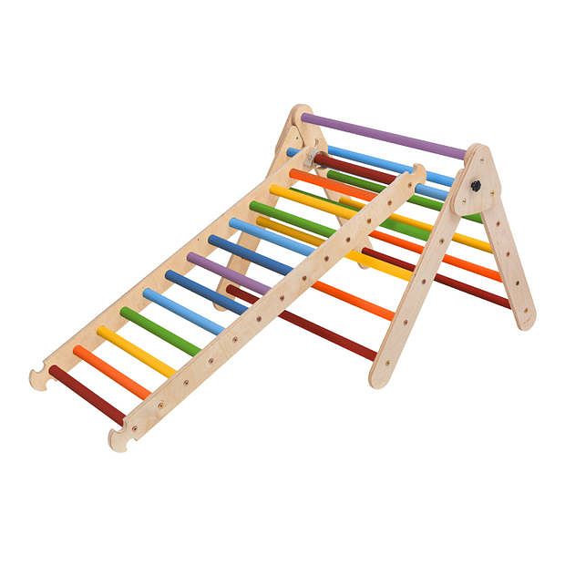 Foto van Katehaa klimdriehoek van hout met ladder in regenboogkleuren indoor klimrek voor kinderen