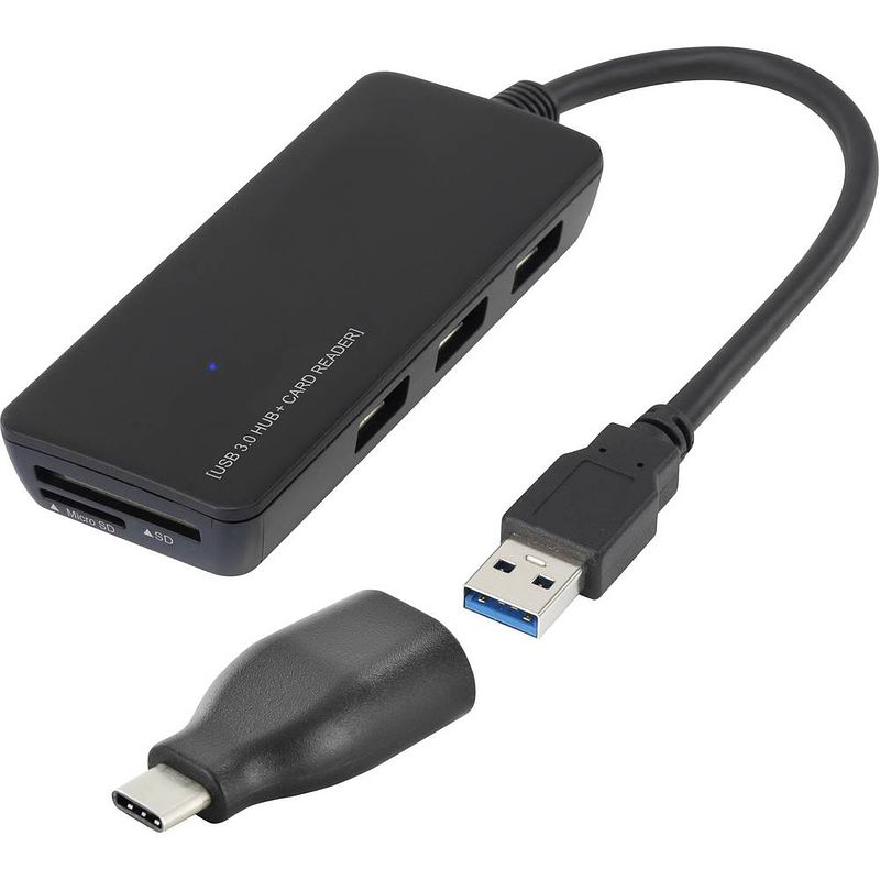 Foto van Renkforce renkforce 3 poorten usb 3.2 gen 1-hub met ingebouwde sd-kaartlezer zwart