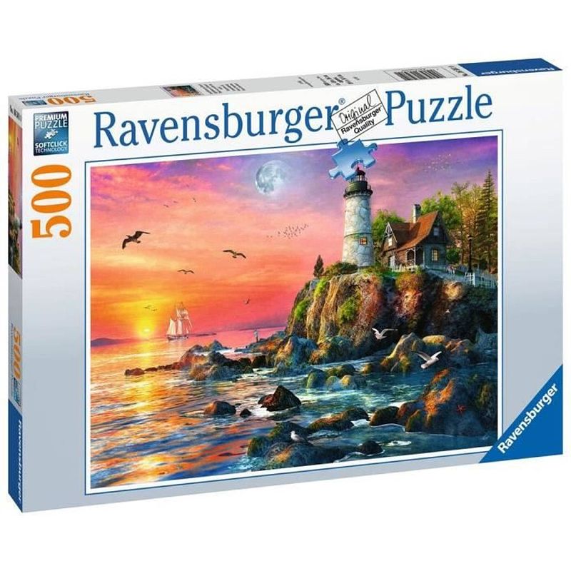 Foto van Ravensburger puzzel 500 p - vuurtoren bij zonsondergang