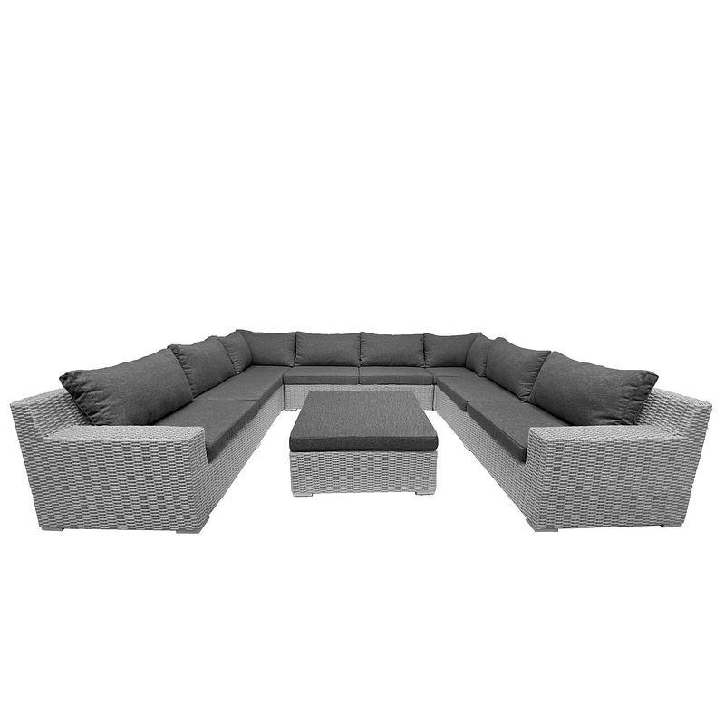 Foto van 8-persoons tuinset / loungeset colorado blended grey / grijs u-opstelling met antraciet kussens incl. hocker