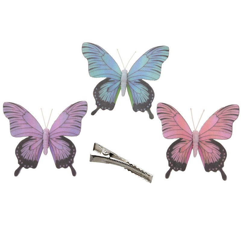 Foto van 3x stuks decoratie vlinders op clip - paars/blauw/roze - 12 cm - hobbydecoratieobject