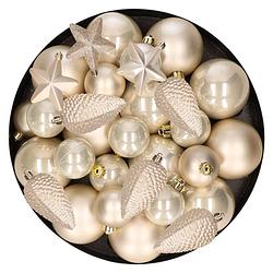 Foto van Kerstversiering kunststof kerstballen parel/champagne 6-8-10 cm pakket van 68x stuks - kerstbal