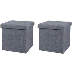 Foto van Urban living poef/hocker - 2x - opbergbox zit krukje - grijs - linnen/mdf - 37 x 37 cm - opvouwbaar - poefs