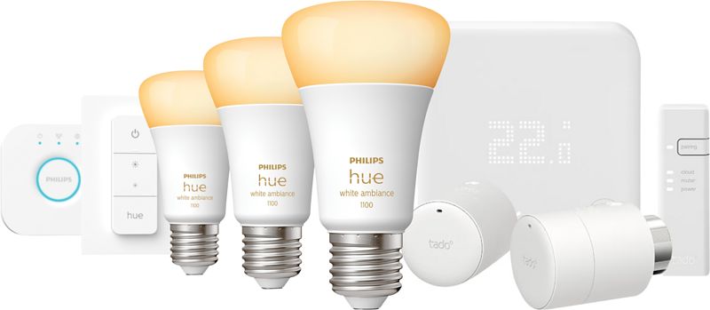 Foto van Tado v3+ startpakket + 2 knoppen + philips hue white ambiance 3-pack e27 + dimmer + bridge