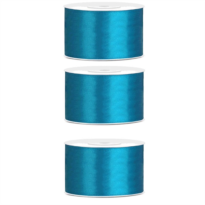 Foto van 3x hobby/decoratie turquoise satijnen sierlinten 3,8 cm/38 mm x 25 meter - cadeaulinten