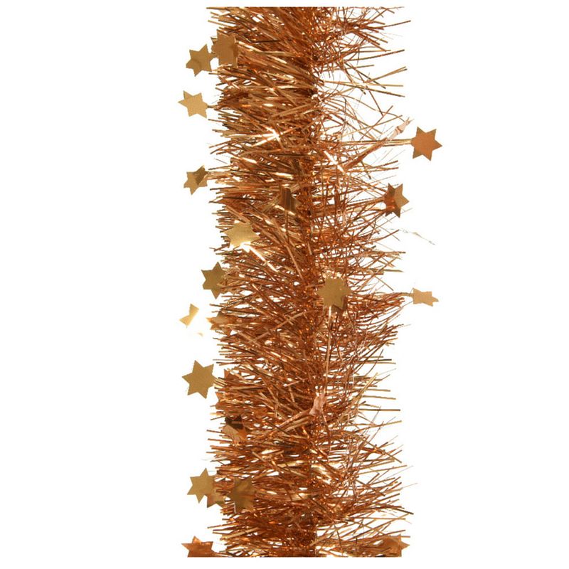 Foto van 1x stuks lametta kerstslingers met sterretjes cognac bruin (amber) 270 x 10 cm - kerstslingers