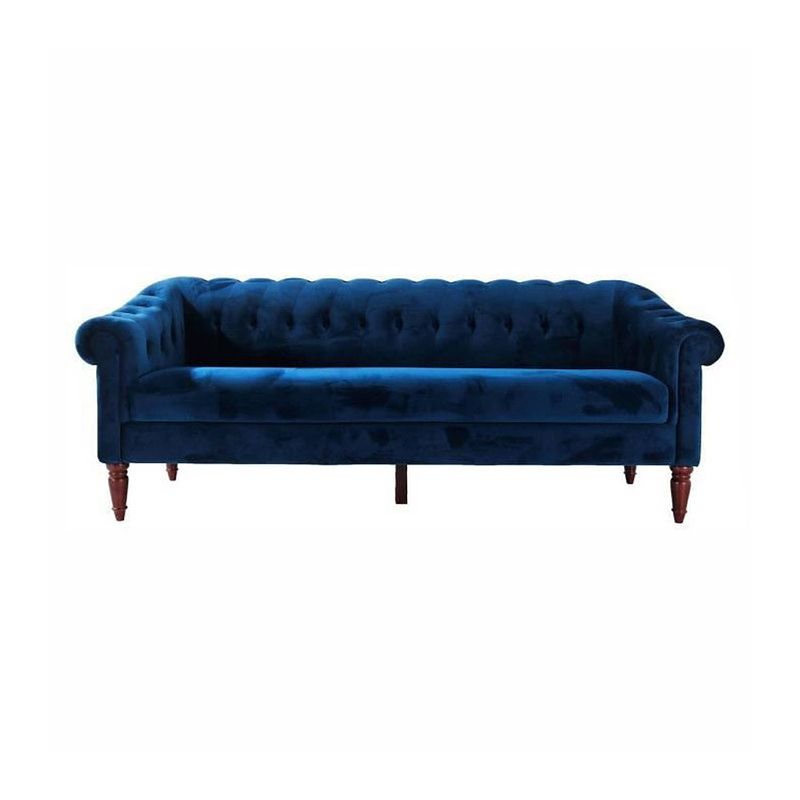 Foto van Chesterfield 3-zits vaste bank - petrolblauw fluweel en houten poten - l 203,5 x d 80,5 x h 80 cm - liam