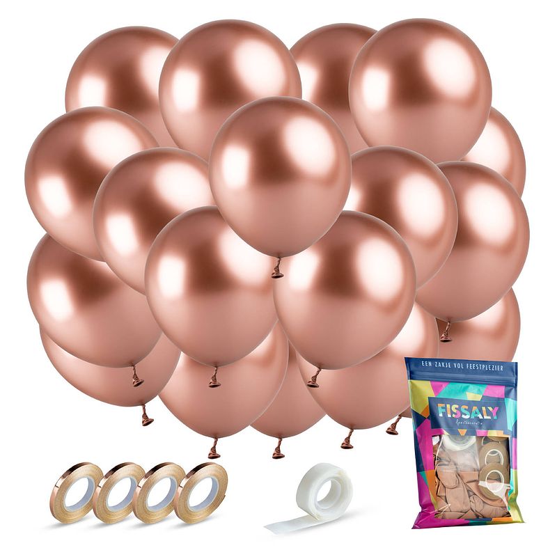 Foto van Fissaly® 40 stuks metallic rose goud helium latex ballonnen met lint versiering - feest decoratie - chrome roze & gouden