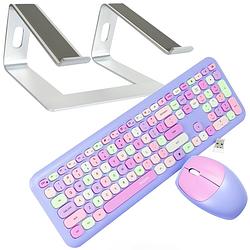 Foto van Retro toetsenbord en muis set draadloos - paars - combideal met stevige laptop standaard