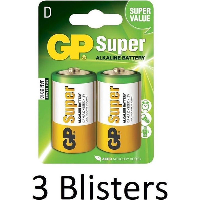 Foto van 6 stuks (3 blisters a 2 st) gp super alkaline d cell batterijen