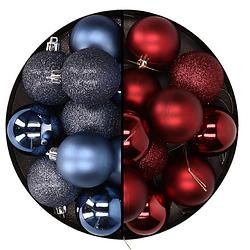 Foto van 24x stuks kunststof kerstballen mix van donkerblauw en donkerrood 6 cm - kerstbal