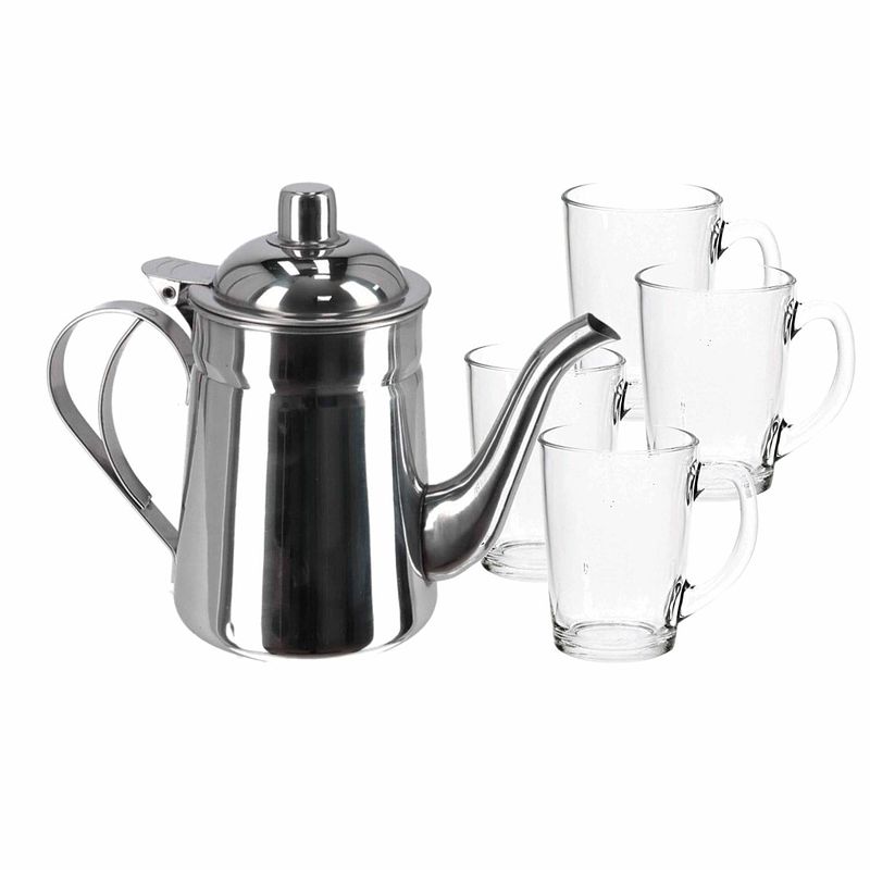 Foto van Rvs theepot zilver van 1 liter met 6x stuks theeglazen luminarc van 320 ml - theepotten