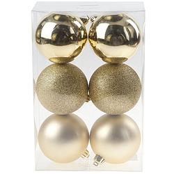 Foto van 6x gouden kunststof kerstballen 8 cm - mat/glans/glitter - onbreekbare plastic kerstballen - kerstboomversiering goud