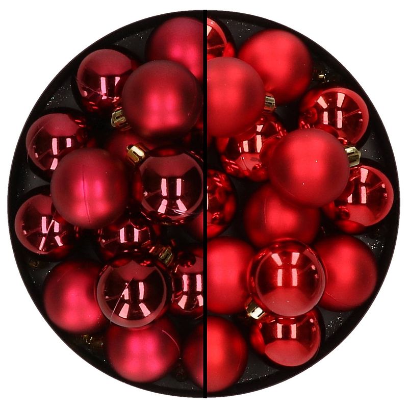 Foto van 32x stuks kunststof kerstballen mix van donkerrood en rood 4 cm - kerstbal