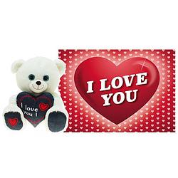 Foto van Pluche knuffel valentijn i love you beertje 30cm met hartjes wenskaart - knuffelberen