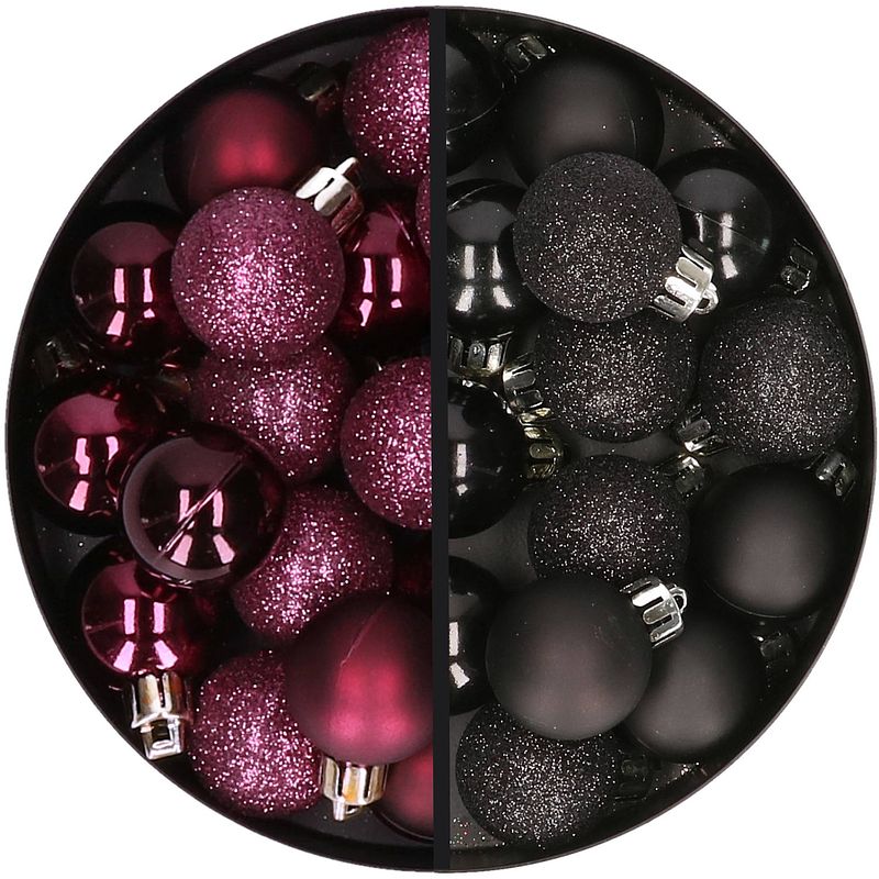 Foto van 34x stuks kunststof kerstballen aubergine paars en zwart 3 cm - kerstbal