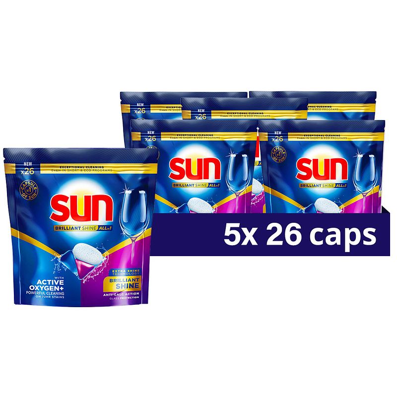 Foto van Sun briljant shine regular - vaatwascapsules - voordeelverpakking - 5 x 26 stuks