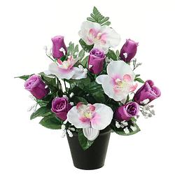 Foto van Louis maes kunstbloemen plantje in pot - wit/paars - 28 cm - bloemstuk ornament - paars/bladgroen - kunstbloemen