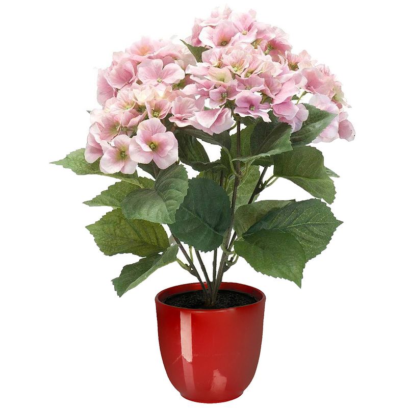 Foto van Hortensia kunstplant/kunstbloemen 40 cm - roze - in pot rood glans - kunstplanten