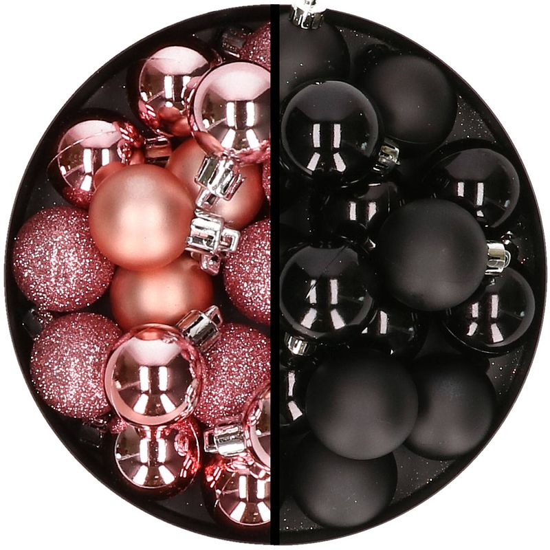 Foto van 36x stuks kunststof kerstballen roze en zwart 3 en 4 cm - kerstbal