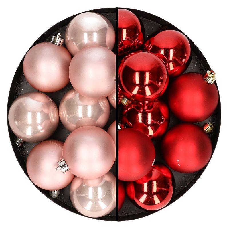 Foto van 24x stuks kunststof kerstballen mix van lichtroze en rood 6 cm - kerstbal