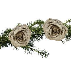 Foto van 2x stuks kerstboom bloemen roos champagne glitter op clip 18 cm - kersthangers