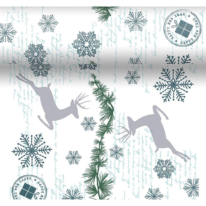 Foto van Kerst thema tafellopers/placemats met rendieren en sneeuwvlokken 40 x 480 cm - tafellakens