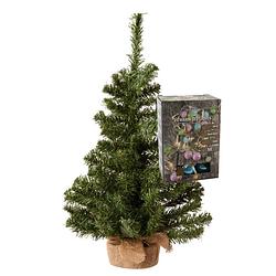 Foto van Kleine kunst kerstboom - h60 cm- incl. gekleurde kerstballen lichtsnoer - kunstkerstboom