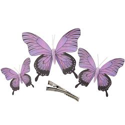Foto van 3x stuks kerst decoratie vlinders op clip - paars - 12/16/20 cm - feestdecoratievoorwerp