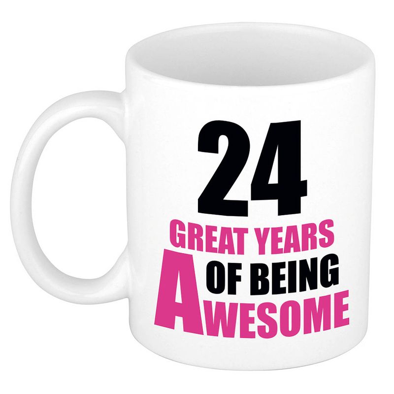 Foto van 24 great years of being awesome cadeau mok / beker wit en roze - feest mokken