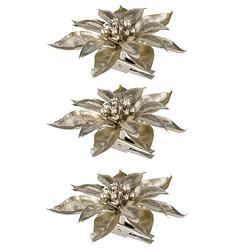 Foto van 3x stuks decoratie bloemen kerstster champagne glitter op clip 9 cm - kersthangers