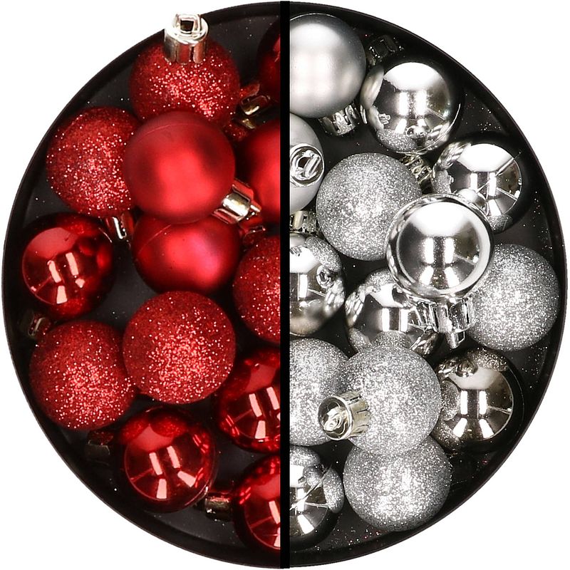 Foto van 34x stuks kunststof kerstballen rood en zilver 3 cm - kerstbal