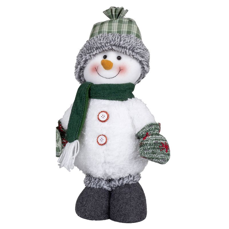 Foto van Pluche decoratie sneeuwpop - 40 cm - pop - met geruite muts - kerstman pop