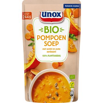 Foto van 2 zakken soep a 570 ml, pakken cupasoup a 3 stuks of single verpakkingen noodles of pasta | unox biologische soep biologische pompoen 570ml aanbieding bij jumbo