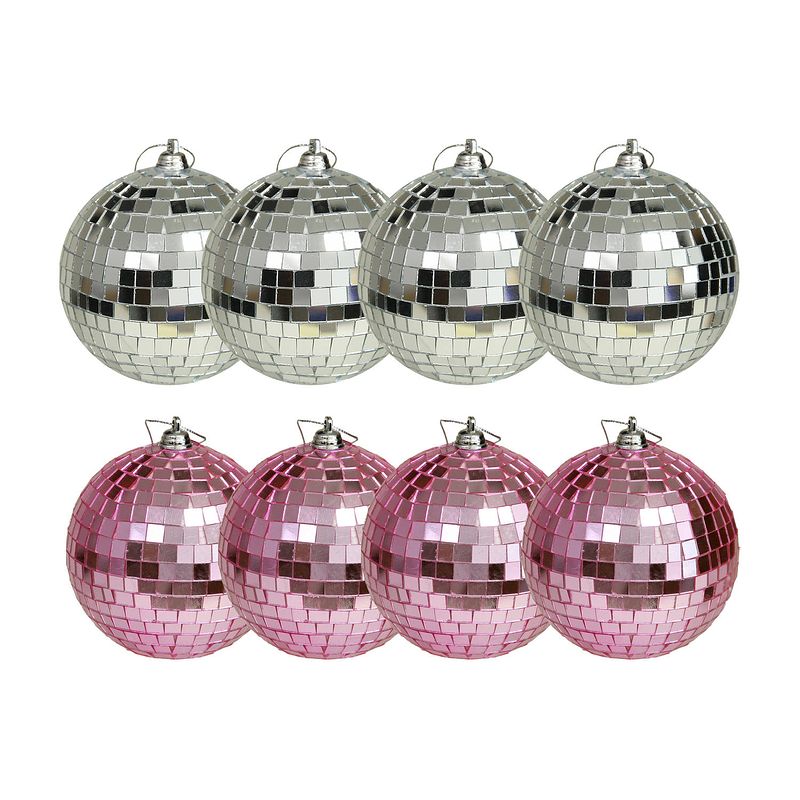 Foto van Kerstballen disco - 8x st - roze en zilver - 8 cm - kunststof - kerstbal