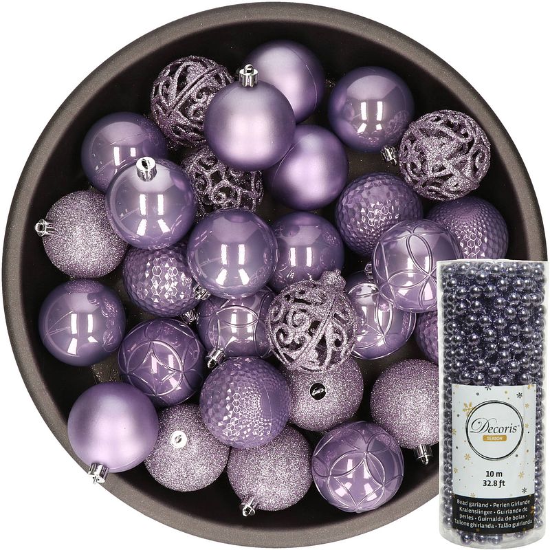 Foto van 37x stuks kunststof kerstballen 6 cm inclusief kralenslinger lila paars - kerstbal