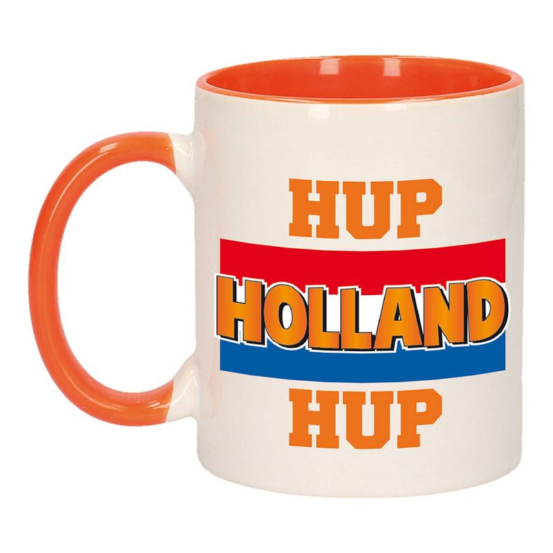 Foto van Hup holland hup met vlag mok/ beker oranje wit 300 ml - feest mokken